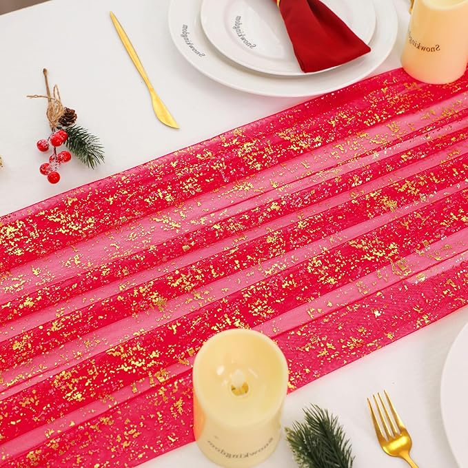 Snowkingdom 10FT Red Gold Table Runner, Sequin Glitter Sheer Chiffon Gauze - Image 3