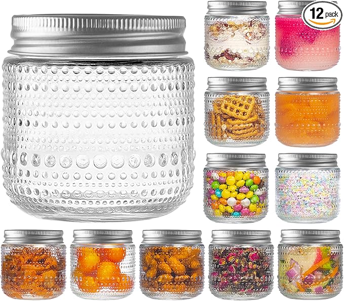 Mason Jars 8 Oz with Lids 12 Packs, Vintage Small Glass Canning Jars with by WACOI