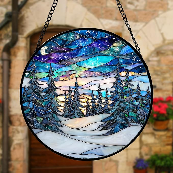 Stained Glass Window Hanging, Starry Sky Trees and Snow Sun Catchers Glass - Image 5