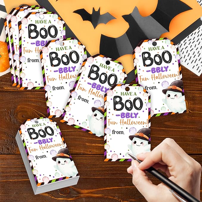 50 Pcs Halloween Tags with String, 2.1"×3.5" Ghost Paper Gifts Tags, Boo Trick - Image 3