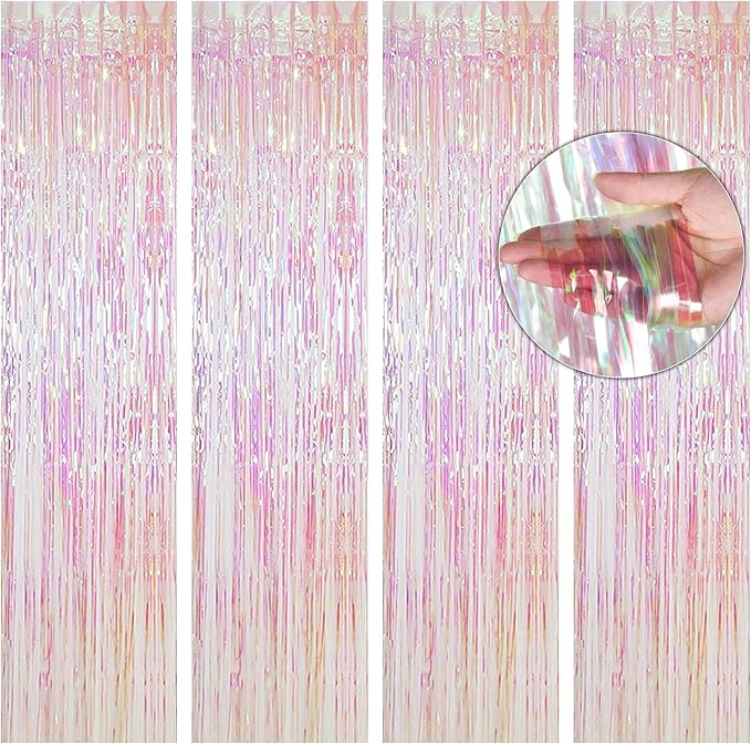 BTSD-home 4 Pack Iridescent Backdrop Transparent Clear Foil Fringe Curtain by BTSD-home