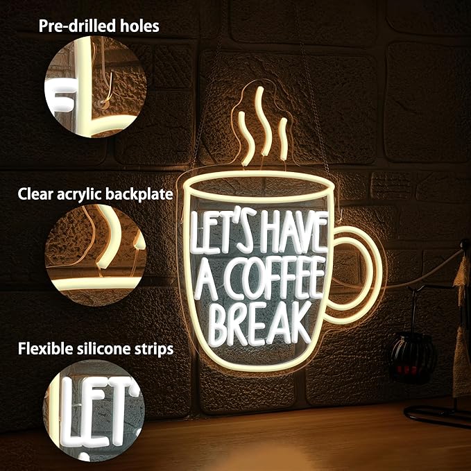 Let’s Have A Coffee Break Neon Sign, Dimmable Coffee Cup Led Light Up Sign - Image 2