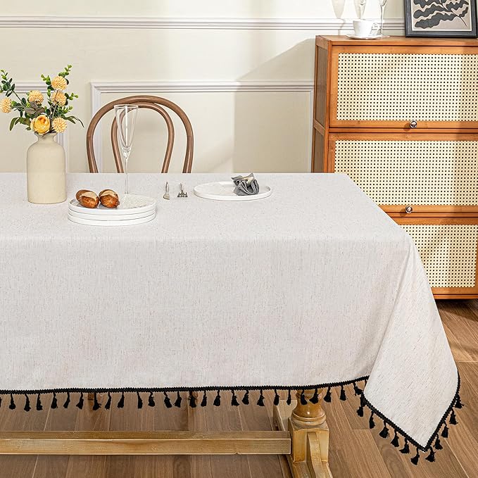 MYSKY HOME Table Cloth 60x102 in Rectangle Table, Cotton Tassel Linen Look by MYSKYHOME