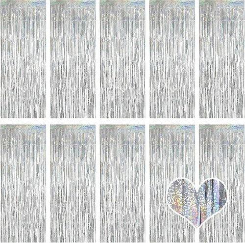 10 Pack Silver Backdrop Curtain 3.2ft x 8.2ft Metallic Tinsel Foil Fringe by Ohiyoo