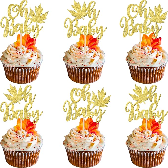 24 PCS Maple Leaf Oh Baby Cupcake Toppers Glitter Fall Baby Shower Cupcake Picks by ZHUOWEISM
