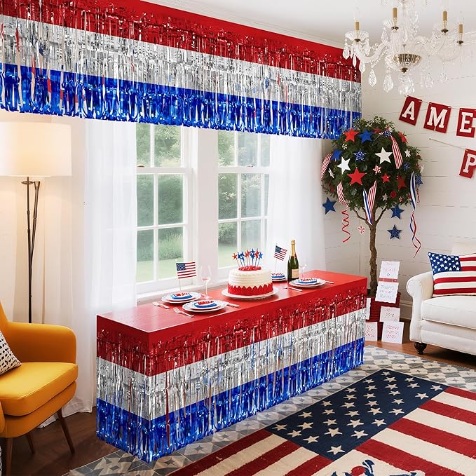 2 Pack Red&White&Blue Table Skirts, 29x108" Metallic Foil Tinsel Fringe Table - Image 7