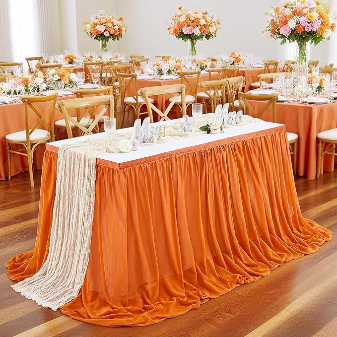 QueenDream 14FT Terracotta Chiffon Table Skirt Skirt Sheer Rectangle Tablecloth - Image 2
