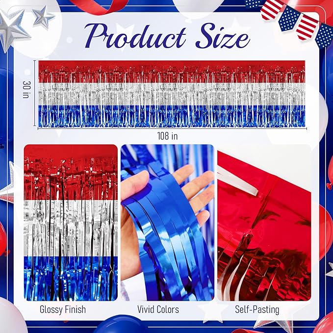 2 Pack Red&White&Blue Table Skirts, 29x108" Metallic Foil Tinsel Fringe Table - Image 3