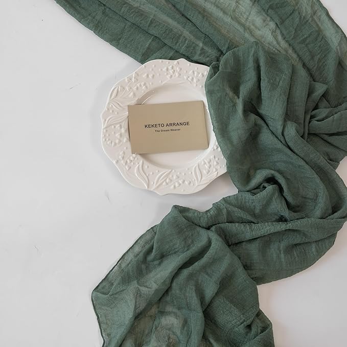 3Pcs Forest Green Gauze Rustic Cheesecloth Table Runner 120 Inch 10 FT - Image 5