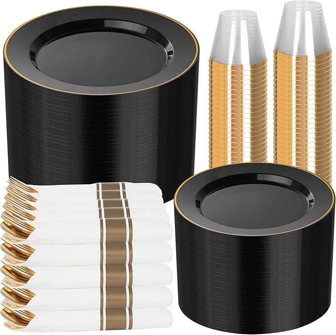 SUT 350 Pcs Black and Gold Plastic Dinnerware Set by SeeYouTomorrow
