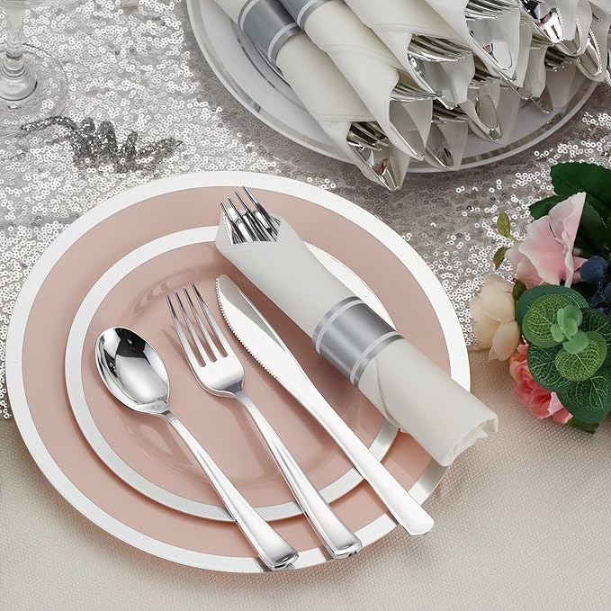 50 Pack Pre Rolled Silver Plastic Silverware Set, Disposable Wrapped Plastic - Image 7