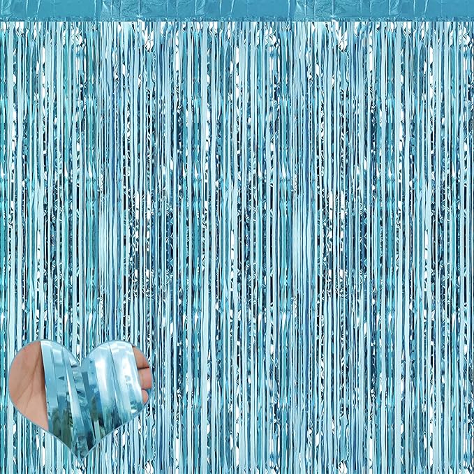 4 Pack Fringe Curtain Backdrop, 3.2Ft x 6.6Ft Light Blue Metallic Tinsel Foil by Mebiornt