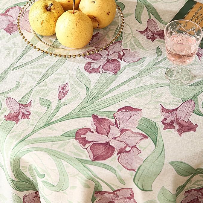 patdrea Designer Linen Small Green Roun Tablecloth, Violets Pattern Vintage - Image 3