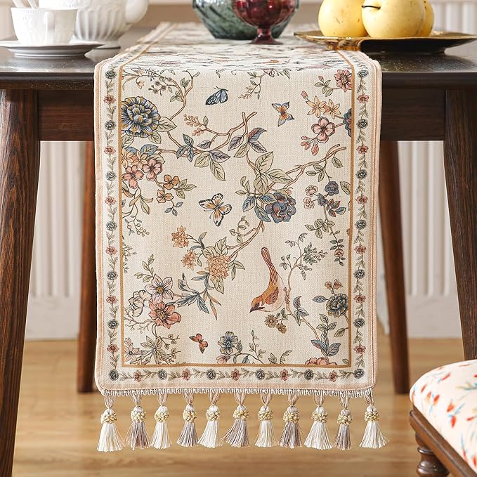 ISAENNE Designer Linen Table Runner 118 Inches Extra Long, Elegant Floral Bird - Image 5