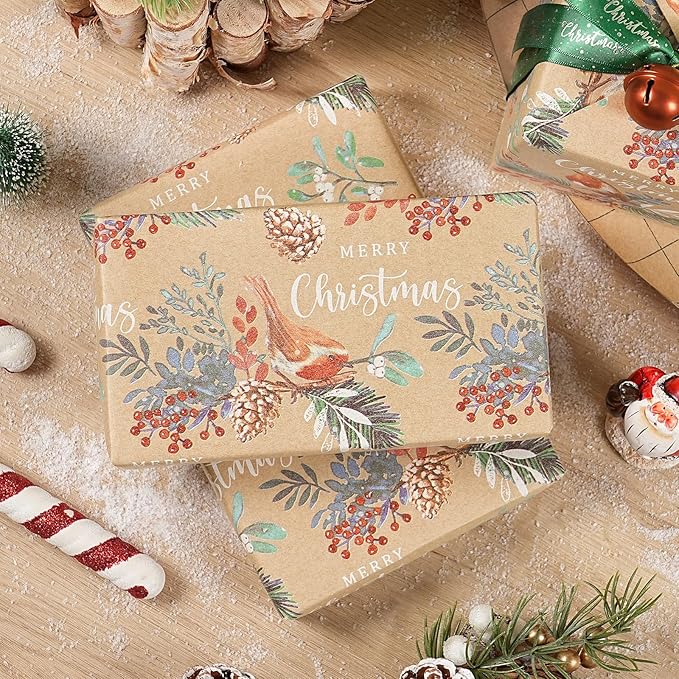 RUSPEPA Kraft Christmas Wrapping Paper Roll, Mini Roll, Vintage Bird on Pine - Image 5