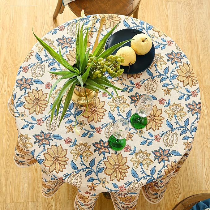 ISAENNE Designer Bohemian Floral Round Tablecloth, Linen Colorful Table Cloth - Image 6