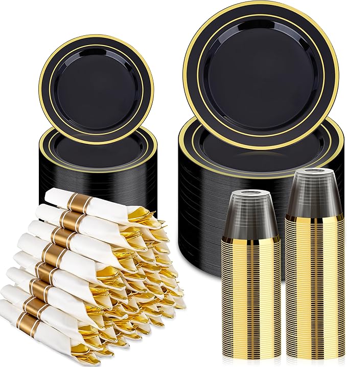 BESTVIP 350PCS Black Gold Dinnerware Set by Bestvip