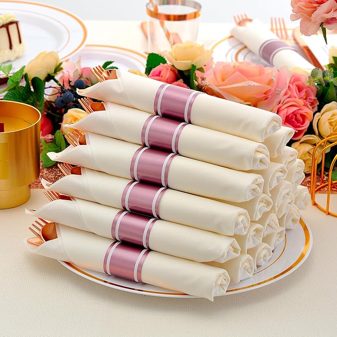 100 Pack Pre Rolled Rose Gold Plastic Silverware Set - Image 5