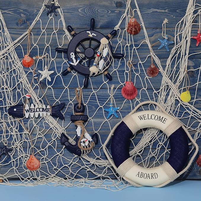 Marsui 11 Pcs Wooden Nautical Wall Decor Fishing Net Decoration, Include - Image 4