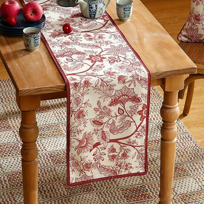 ISAENNE Designer Chinoiserie Elegant Linen Table Runner 102 Inches Long - Image 2