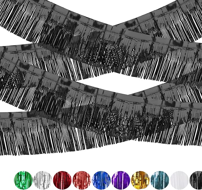 4 Pack Black Float Fringe Curtains, Metallic Foil Fringe Garland Shiny Tassel by ILHSTY
