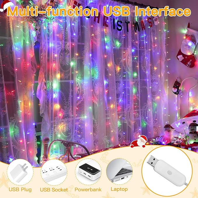 Ollny Curtain Lights 200LED 6.6x6.6ft, USB Multicolor Christmas Curtain Lights - Image 5