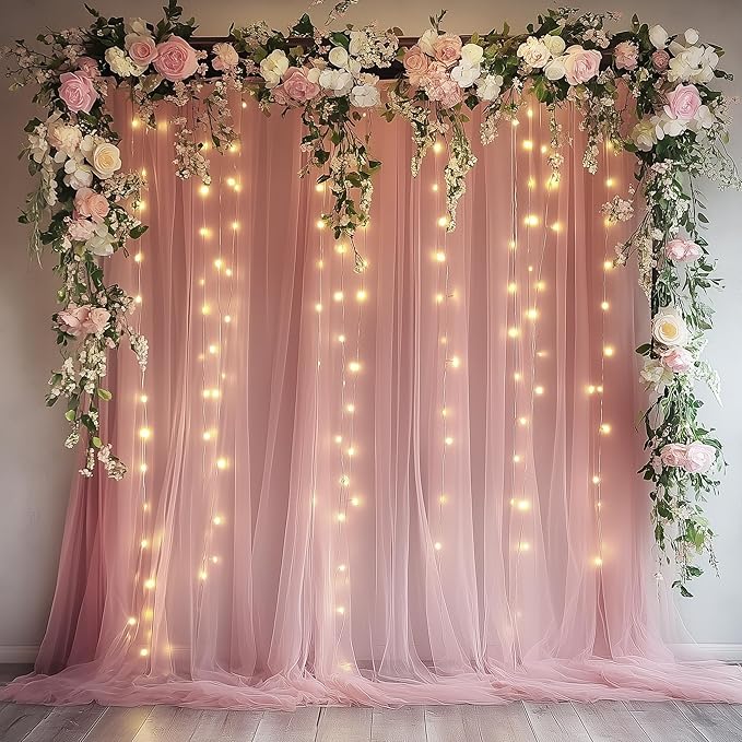 Tulle Backdrop Curtain with Lights String 10FT X 8FT Dusty Rose Sheer Tulle by Xiomot