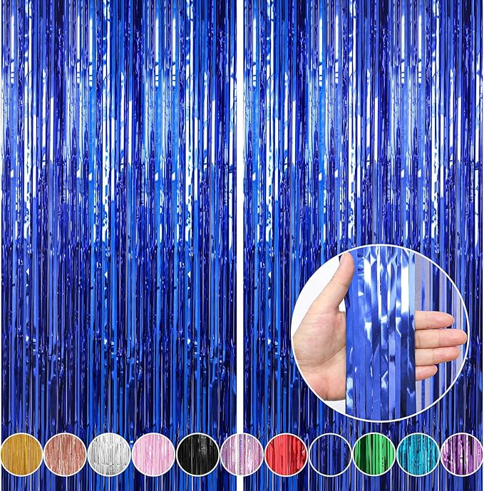 Crosize 2 Pack 3.3 x 9.9 ft Dark Blue Foil Fringe Curtains Party Decorations by Crosize