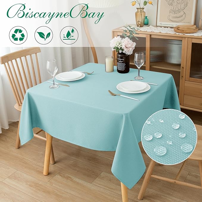 Biscaynebay Square Tablecloth 54x54 Inch-Auqa Blue Card Fabric Table - Image 2