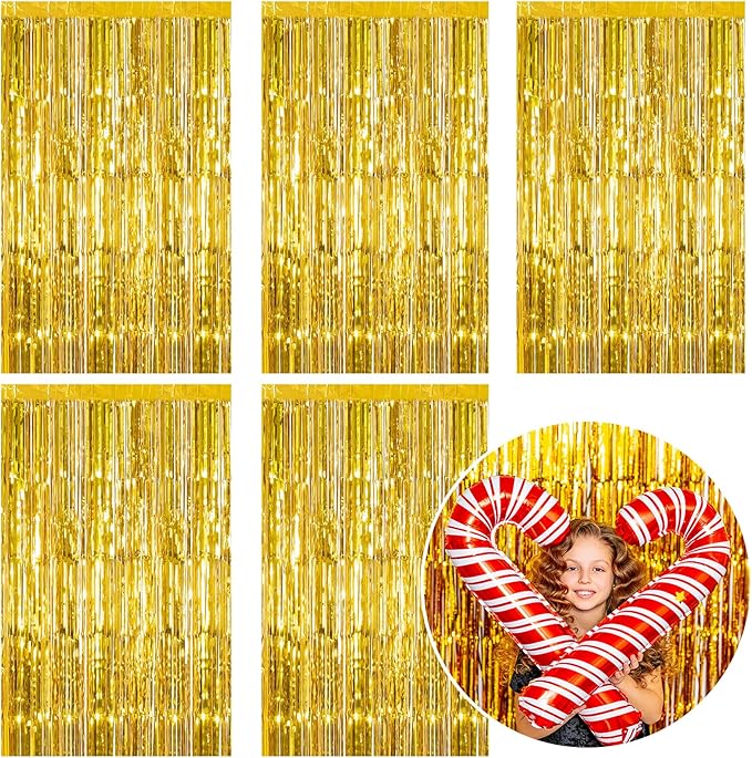 5 Pack Foil Curtain Backdrop Gold Metallic Tinsel Foil Fringe Curtains Photo by KEJ