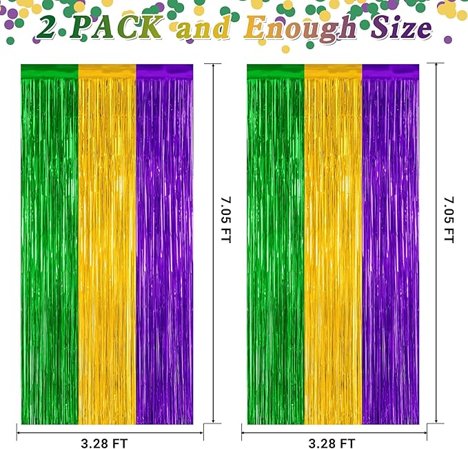 2 Pack Mardi Gras Tinsel Backdrop, 3.28 FT x 7.05 FT Metallic Fringe Curtain - Image 2