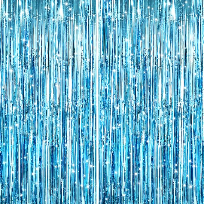 GCB 2Pack Blue Metallic Tinsel Foil Fringe Curtains, Tinsel Curtain Backdrop by GCBPartyDecorations