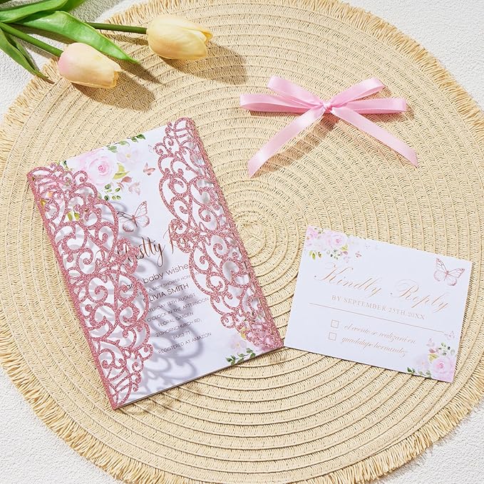 25pcs Glitter Laser Cut Wedding Invitation Kits Pink Personalized Invitation - Image 3
