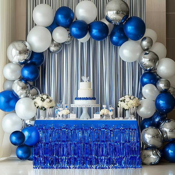 2 Pack Dark Blue Table Skirts, 29x108" Metallic Foil Tinsel Fringe Table Skirts - Image 2
