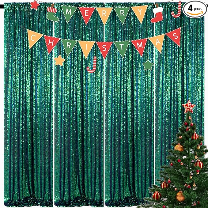 ShinyBeauty Sequin Backdrop 4 Pieces Iridescent Green Sequin Curtains Panels by ShinyBeauty