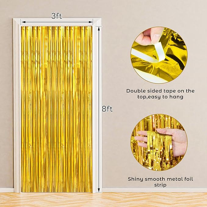 BTSD-home Gold Foil Fringe Curtain, Metallic Photo Booth Backdrop Tinsel Door - Image 2