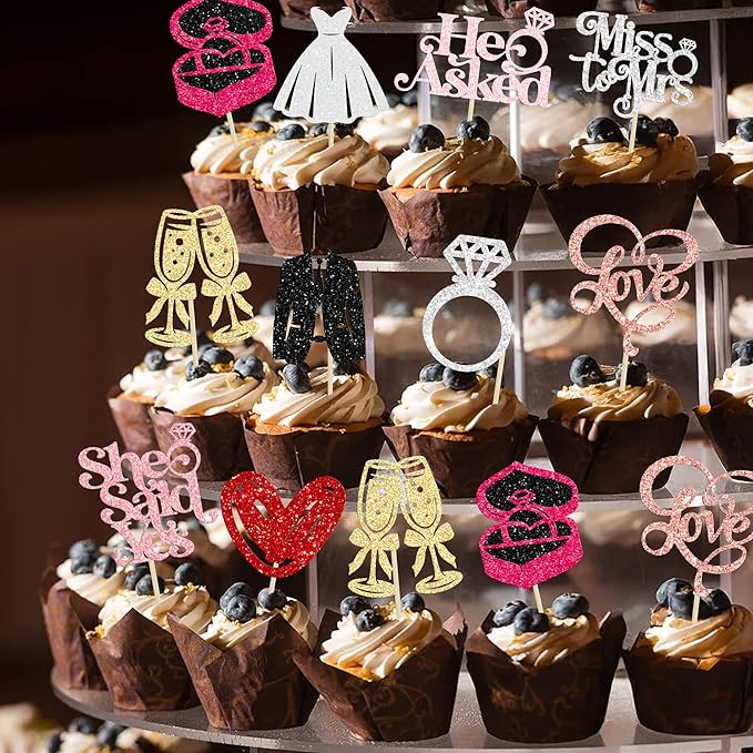 Gyufise 30Pcs She Said Yes Cupcake Toppers Glitter Diamond Ring I Do Love - Image 5