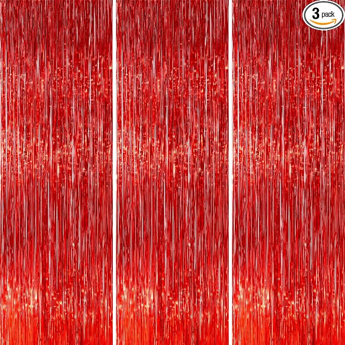 PartyWoo Red Streamers Fringe Curtain Backdrop 3 pcs 8.2 ft Tinsel Foil Backdrop by PartyWoo