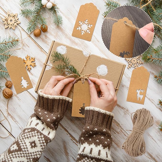 Aneco 150 Pieces Christmas Paper Gift Tags Brown Kraft Tags Hang Labels - Image 6