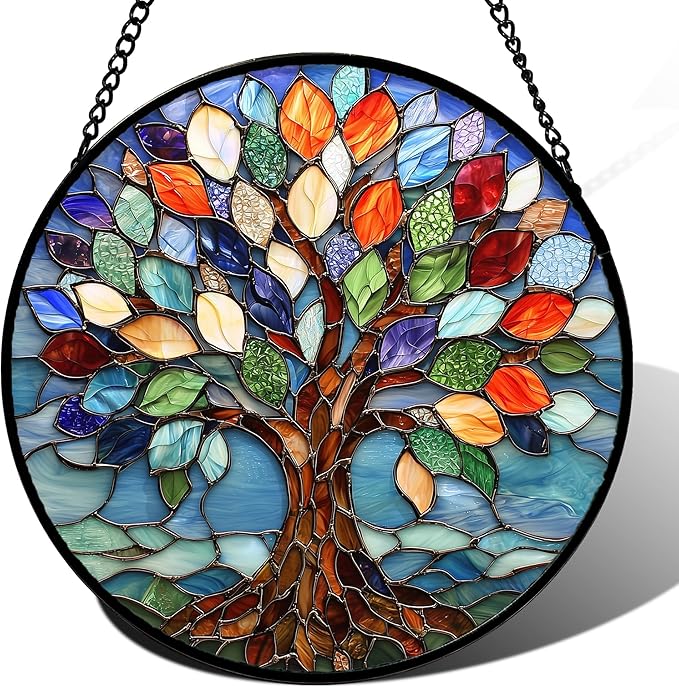 Stained Glass Window Hanging, Colorful Tree of Life Sun Catchers Glass Panel by DASTOLL