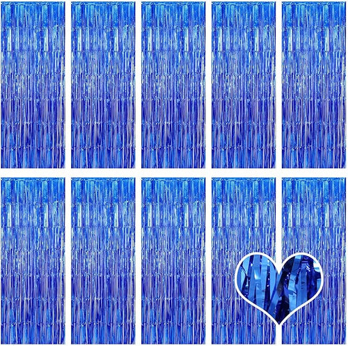 10 Pack Blue Backdrop Curtain 3.2ft x 8.2ft Metallic Tinsel Foil Fringe by Ohiyoo