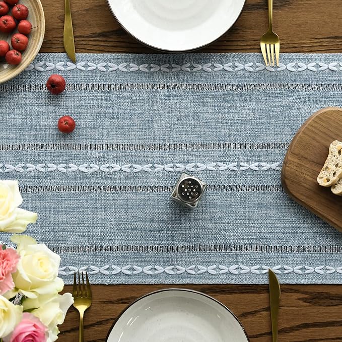 Artoid Mode Dusty Blue Cotton Linen Table Runner, Seasonal Rustic Embroidered - Image 2