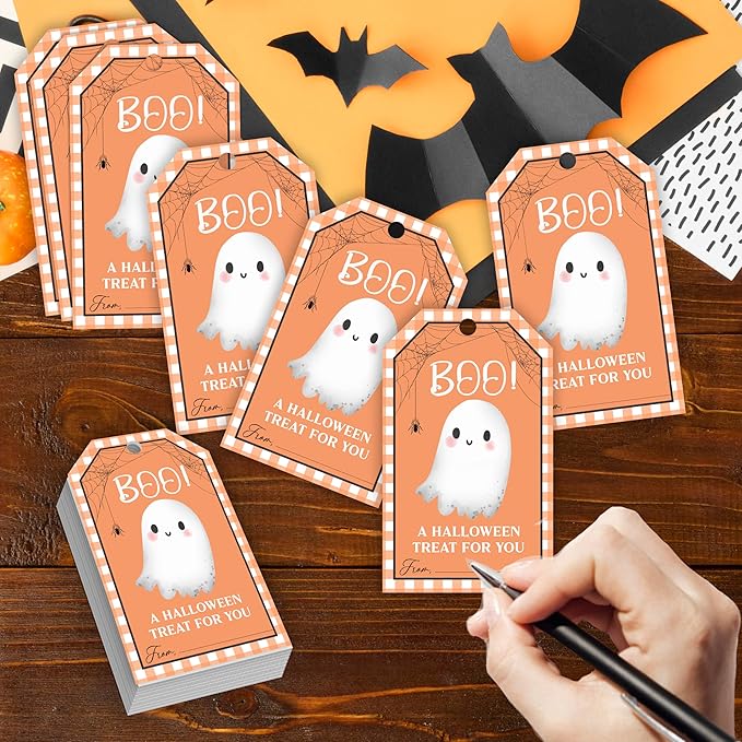 50 Pcs Halloween Tags with String, 2.1"×3.5" Boo Paper Gifts Tags, Ghost Trick - Image 3