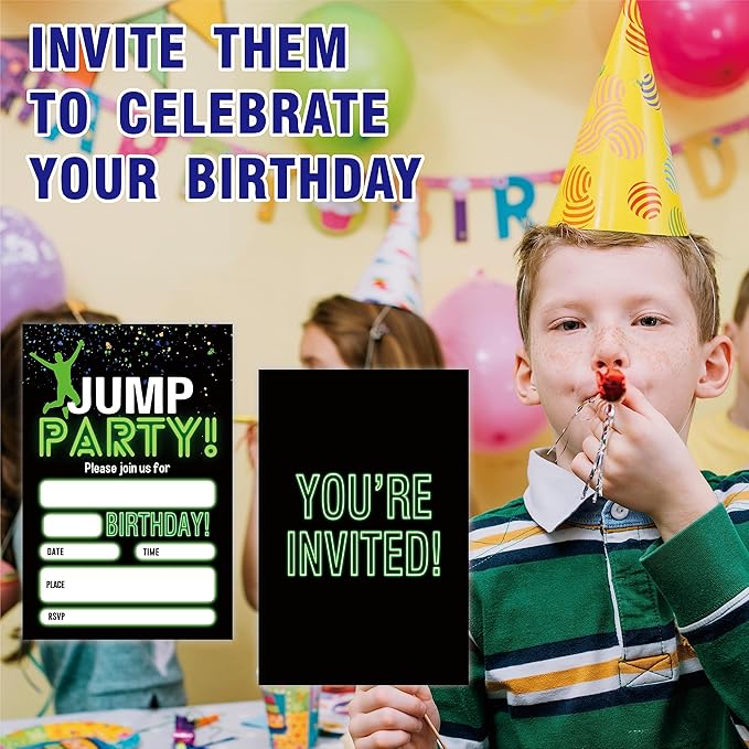 Glow Trampoline Birthday Invitations, Jump Party Invite Cards（20 Count) - Image 4