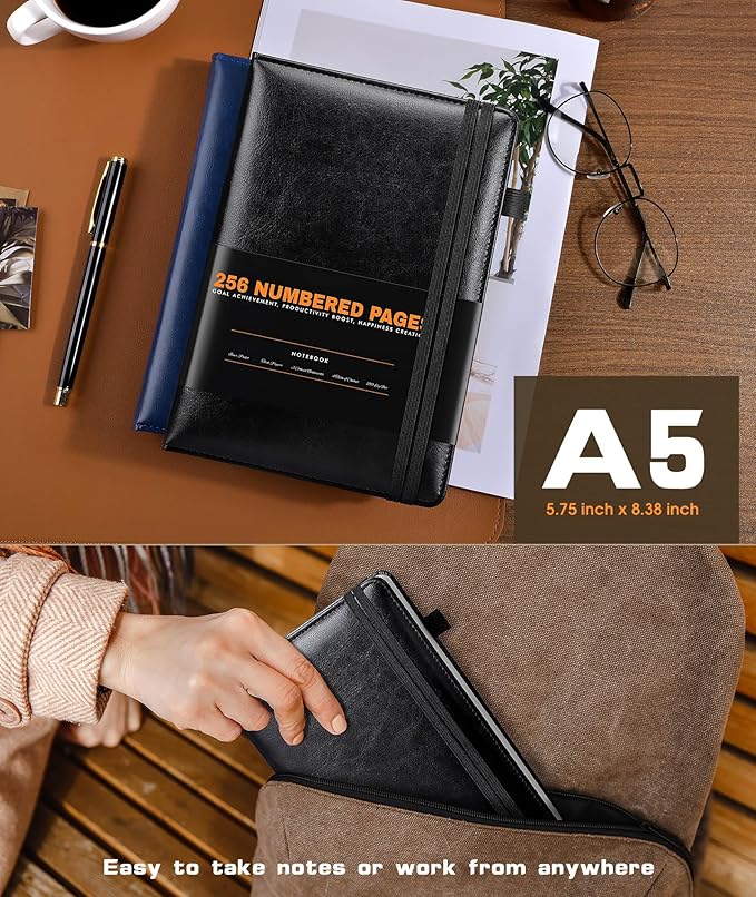Lined Journal Notebook for Women Men, 256 Numbered Pages Hardcover Leather - Image 3