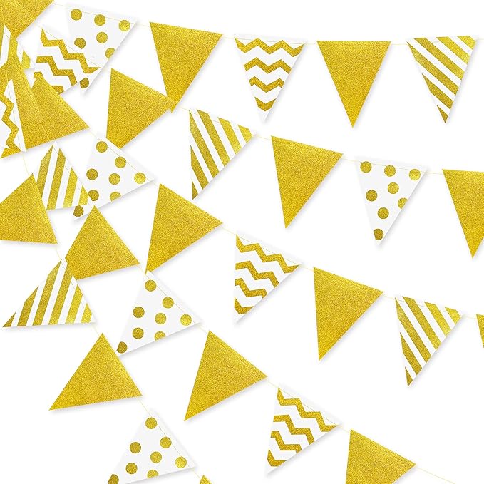 39Ft White and Gold Party Decorations Polka Dot Stripe Triangle Pennant Banner by pinkblume