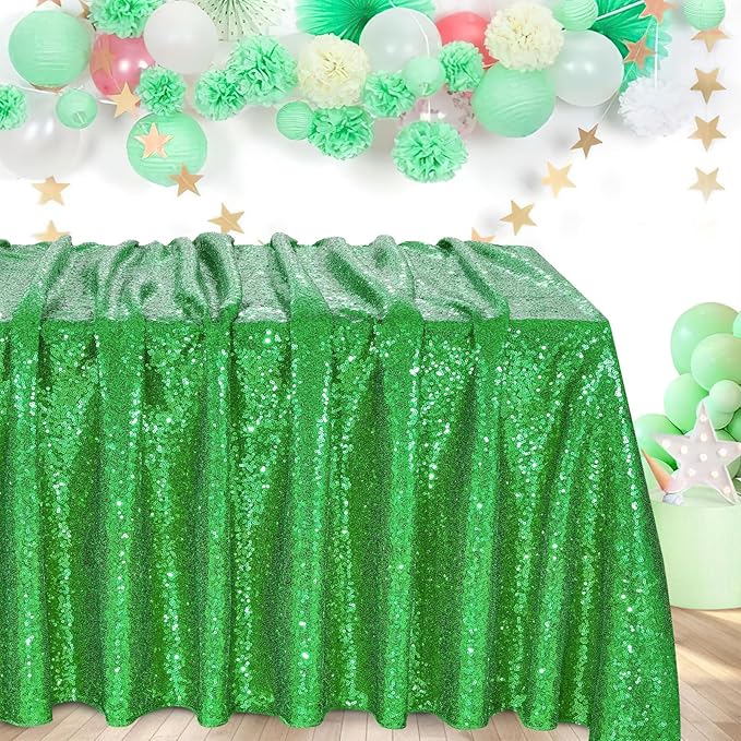 QueenDream Rectangle Tablecloth 90x132 Inches Green Sequin Table Clothes by QueenDream