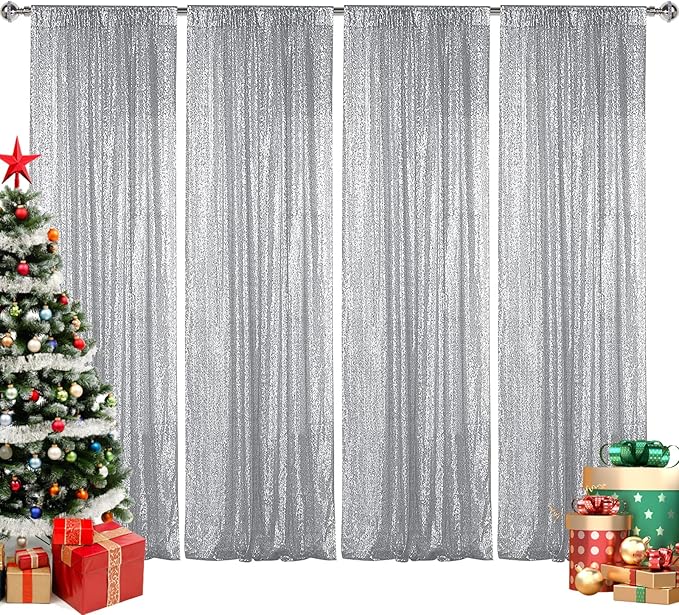 Sugargirl Silver Sequin Backdrop Curtain 4 Panels 2FTx8FT Glitter Silver by Sugargirl