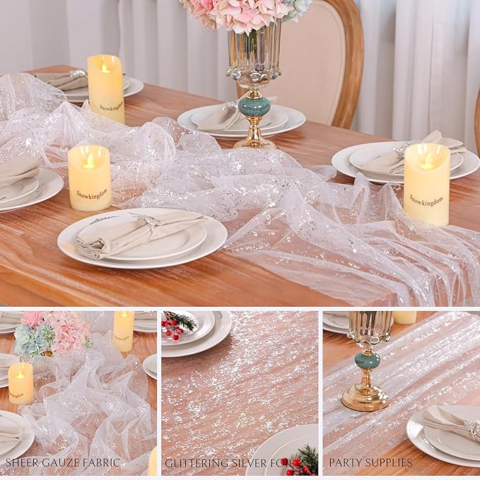 Snowkingdom 3 Pcs 10 FT Silver Cheesecloth Table Runner, 120 Inch Sheer Chiffon - Image 8