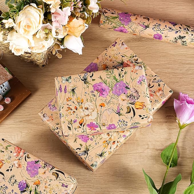 WRAPAHOLIC Kraft Floral Wrapping Paper Roll - Image 7